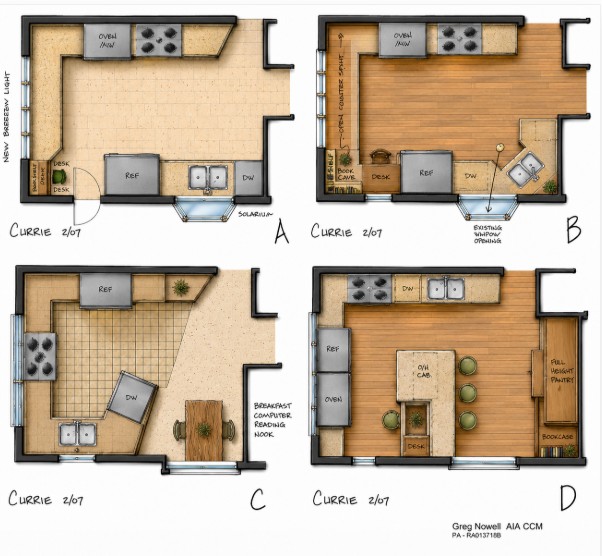 Four rendered kitchen planning options