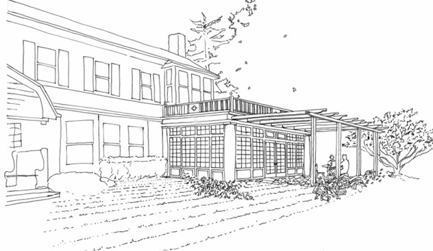Black and white hand-drawn residential exterior perspective