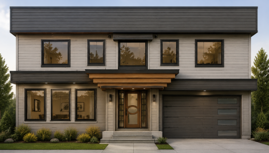 Rendered remodeled front elevation of a residence