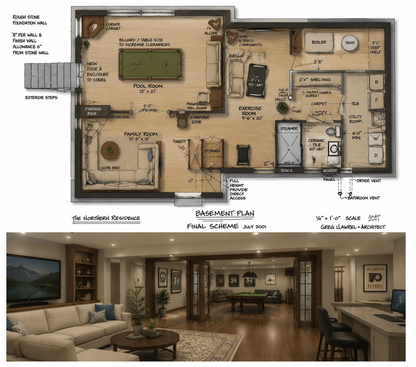 Rendered basement plan and interior perspective