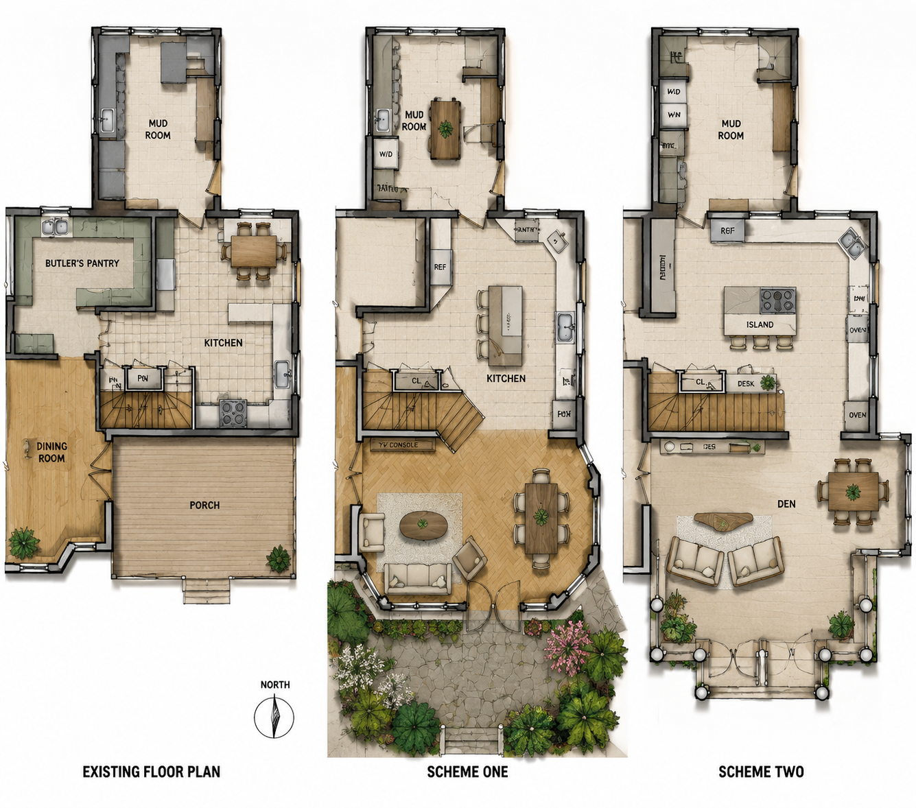 Rendered existing floor plan and two residential renovation design options